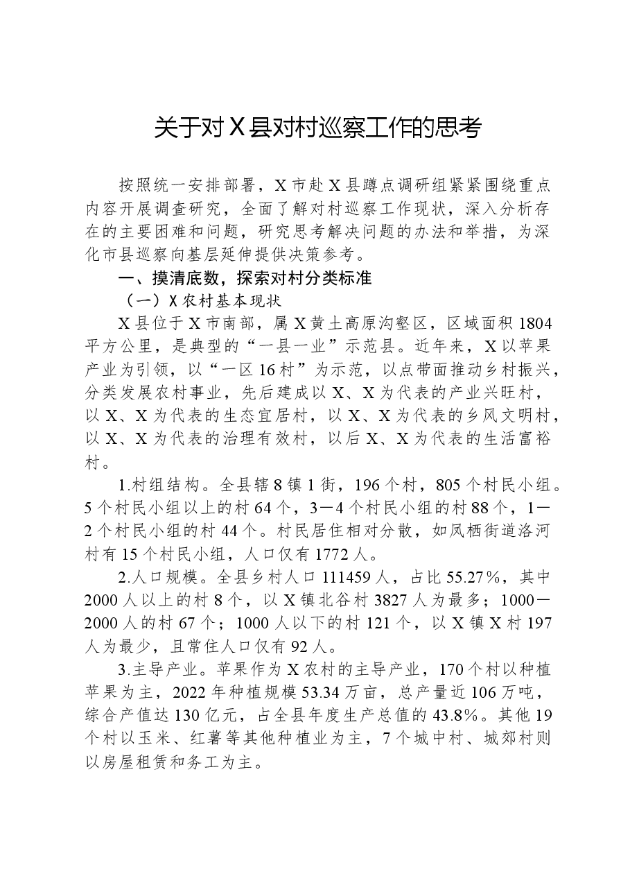 关于对X县对村巡察工作的思考.docx,第1页预览