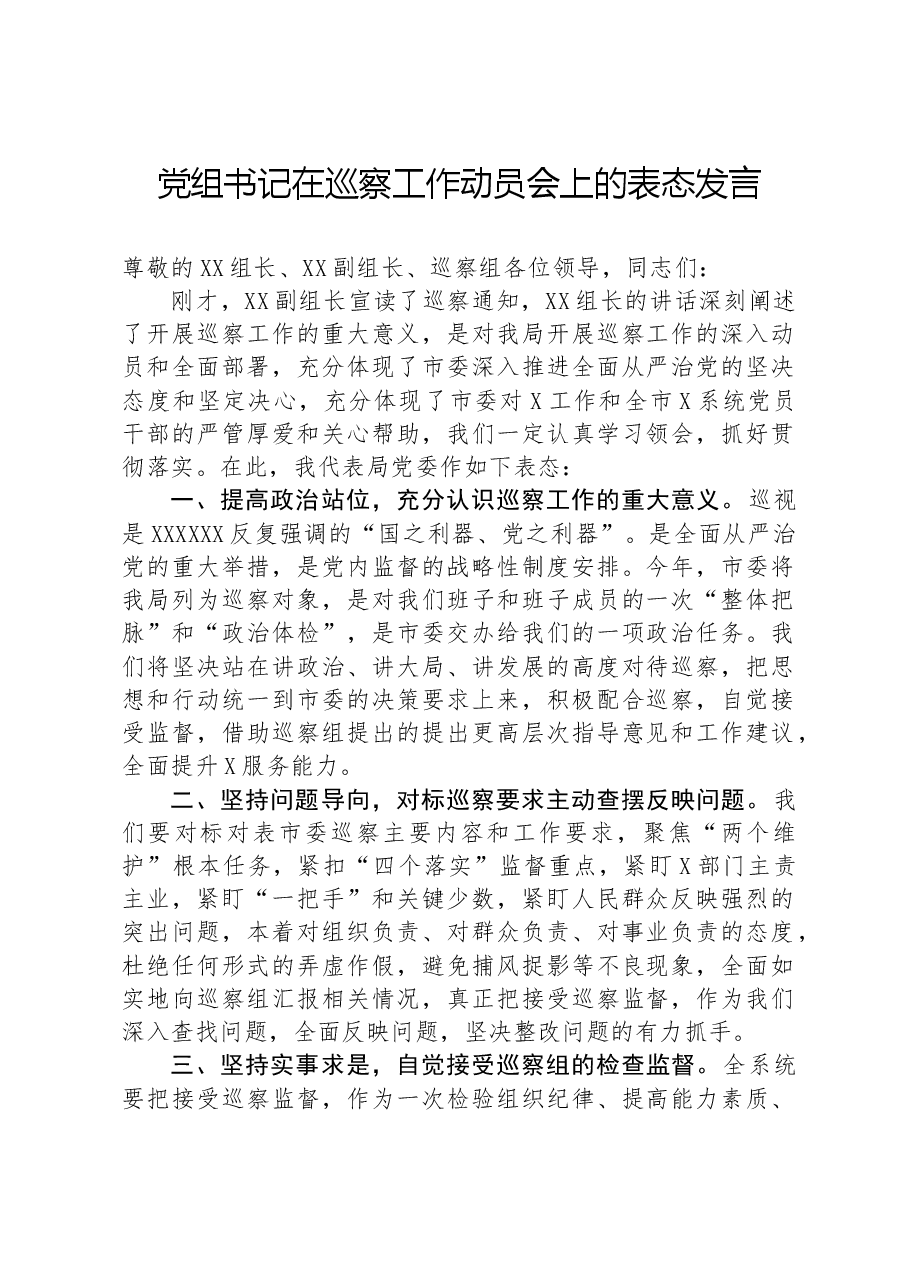 党组书记在巡察工作动员会上的表态发言.docx,第1页预览