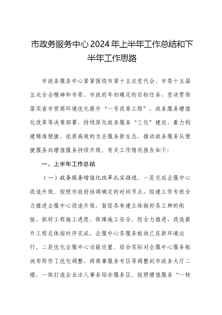 市政务服务中心2024年上半年工作总结和下半年工作思路.docx，第1页预览