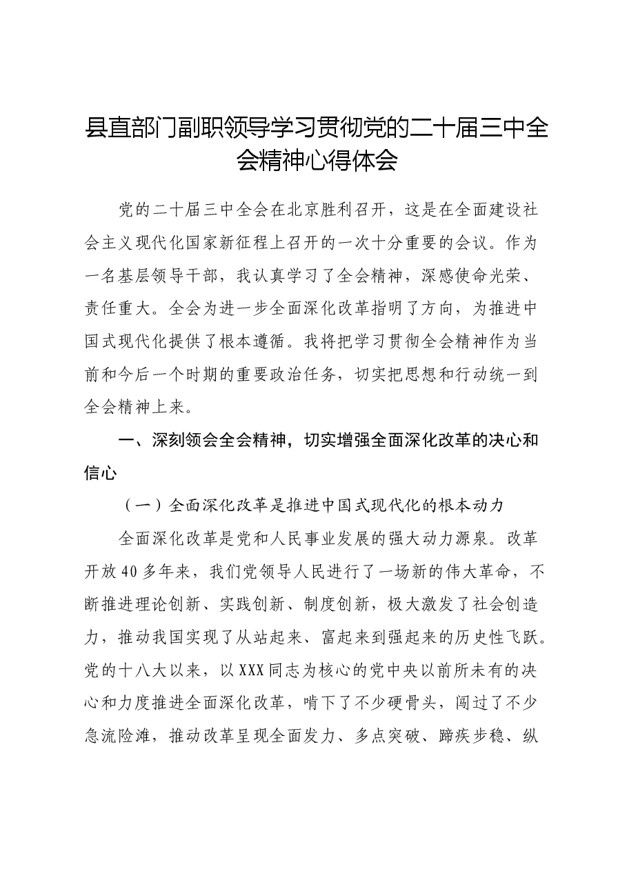 县直部门副职领导学习贯彻党的二十届三中全会精神心得体会.docx,第1页预览