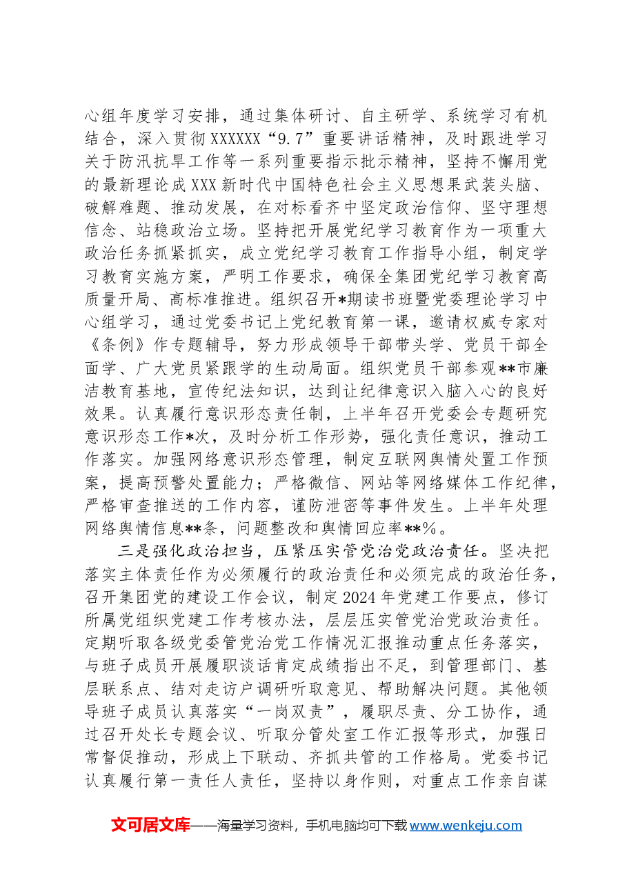 集团公司党委2024年上半年履行全面从严治党主体责任报告.docx,第2页预览