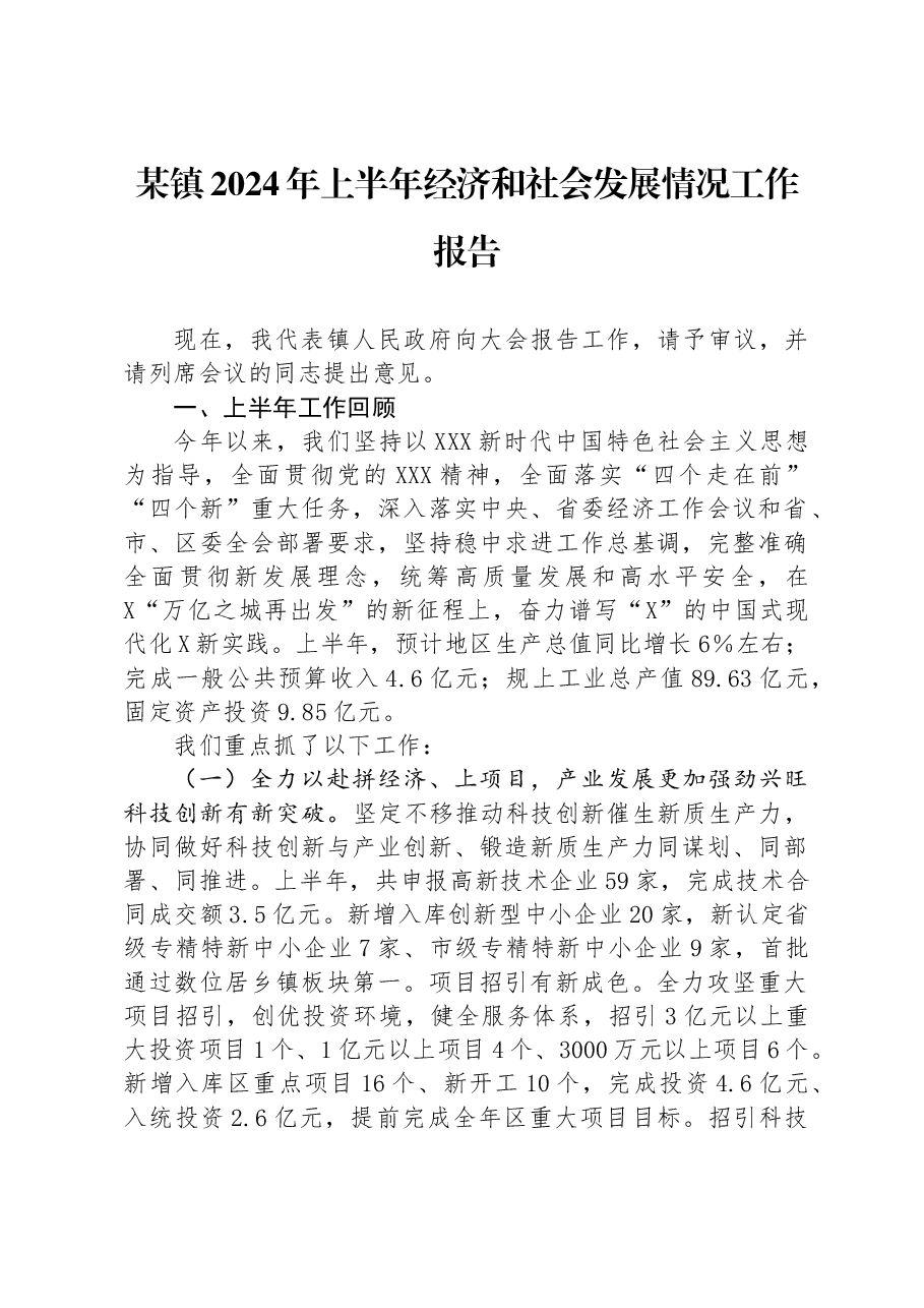某镇2024年上半年经济和社会发展情况工作报告.docx，第1页预览
