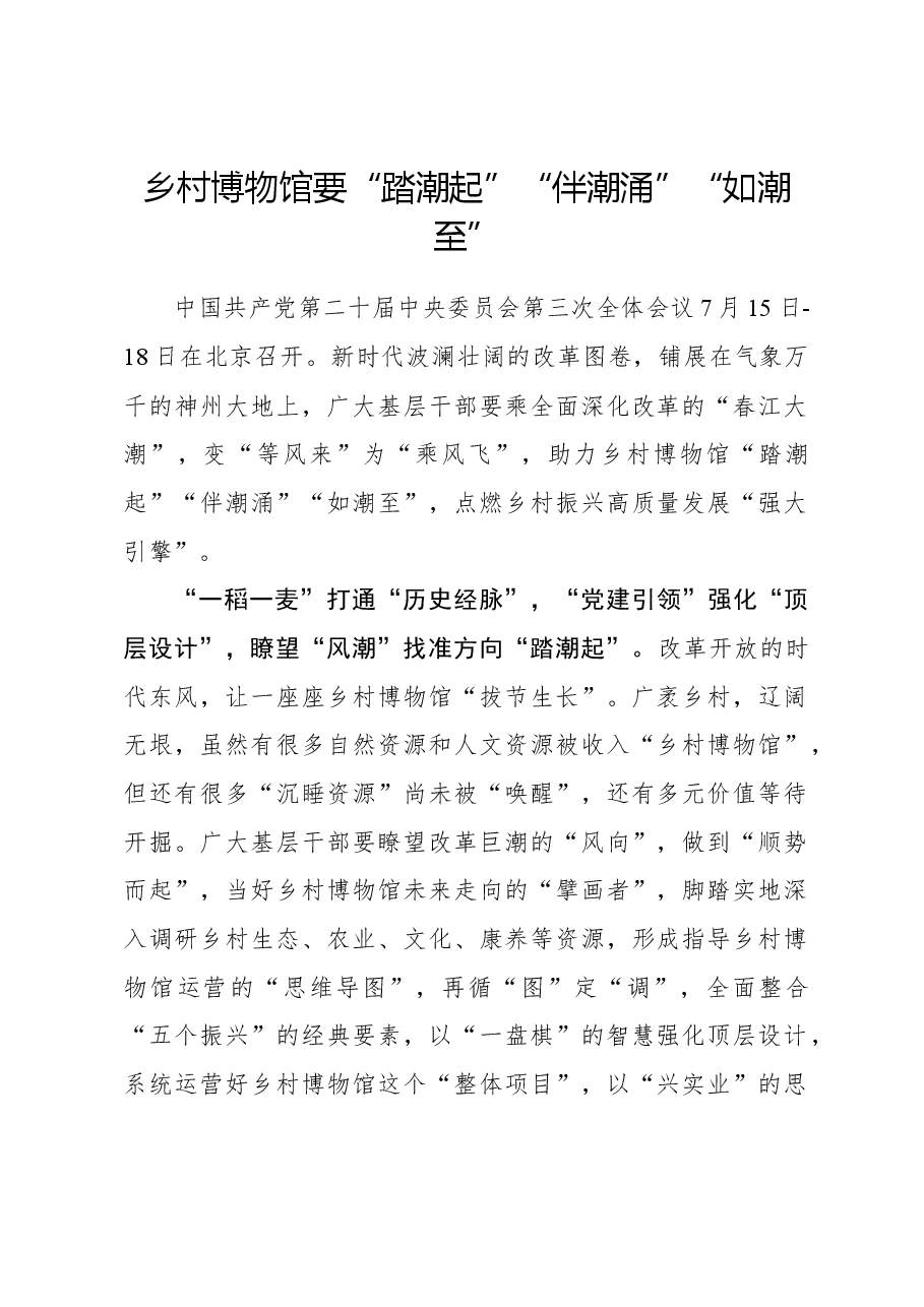 二十届三中全会心得体会:乡村博物馆要“踏潮起”“伴潮涌”“如潮至”.docx,第1页预览