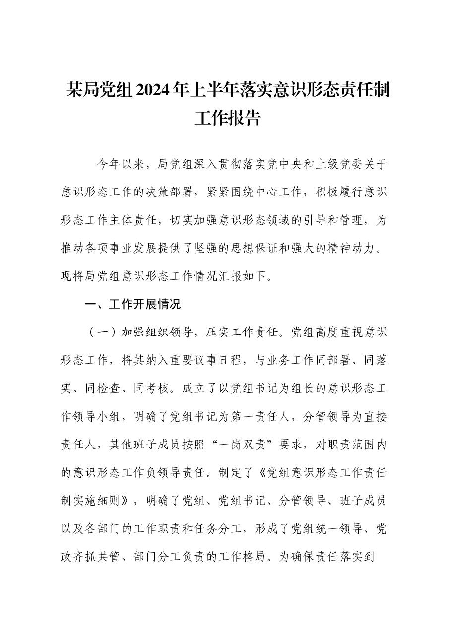 某局党组2024 年上半年落实意识形态责任制工作报告.docx,第1页预览