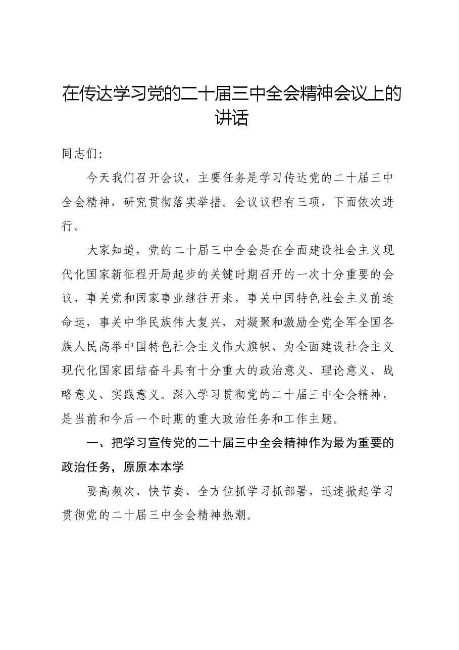 在传达学习党的二十届三中全会精神会议上的讲话.docx,第1页预览
