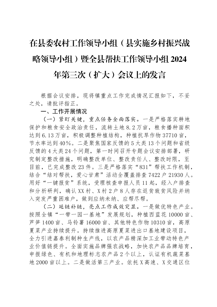 在县委农村工作领导小组（县实施乡村振兴战略领导小组）暨全县帮扶工作领导小组2024年第三次（扩大）会议上的发言.docx，第1页预览