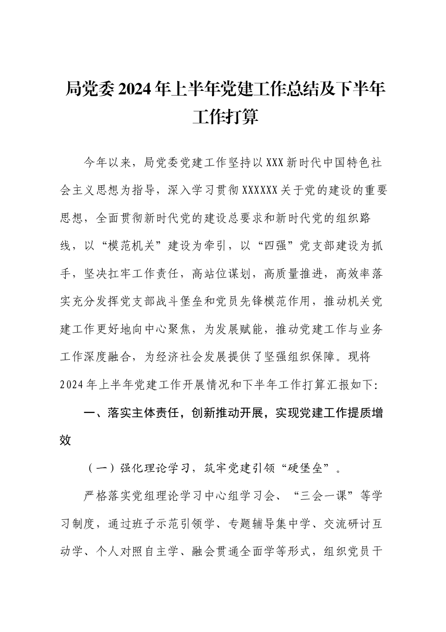 局党委2024年上半年党建工作总结及下半年工作打算.docx,第1页预览