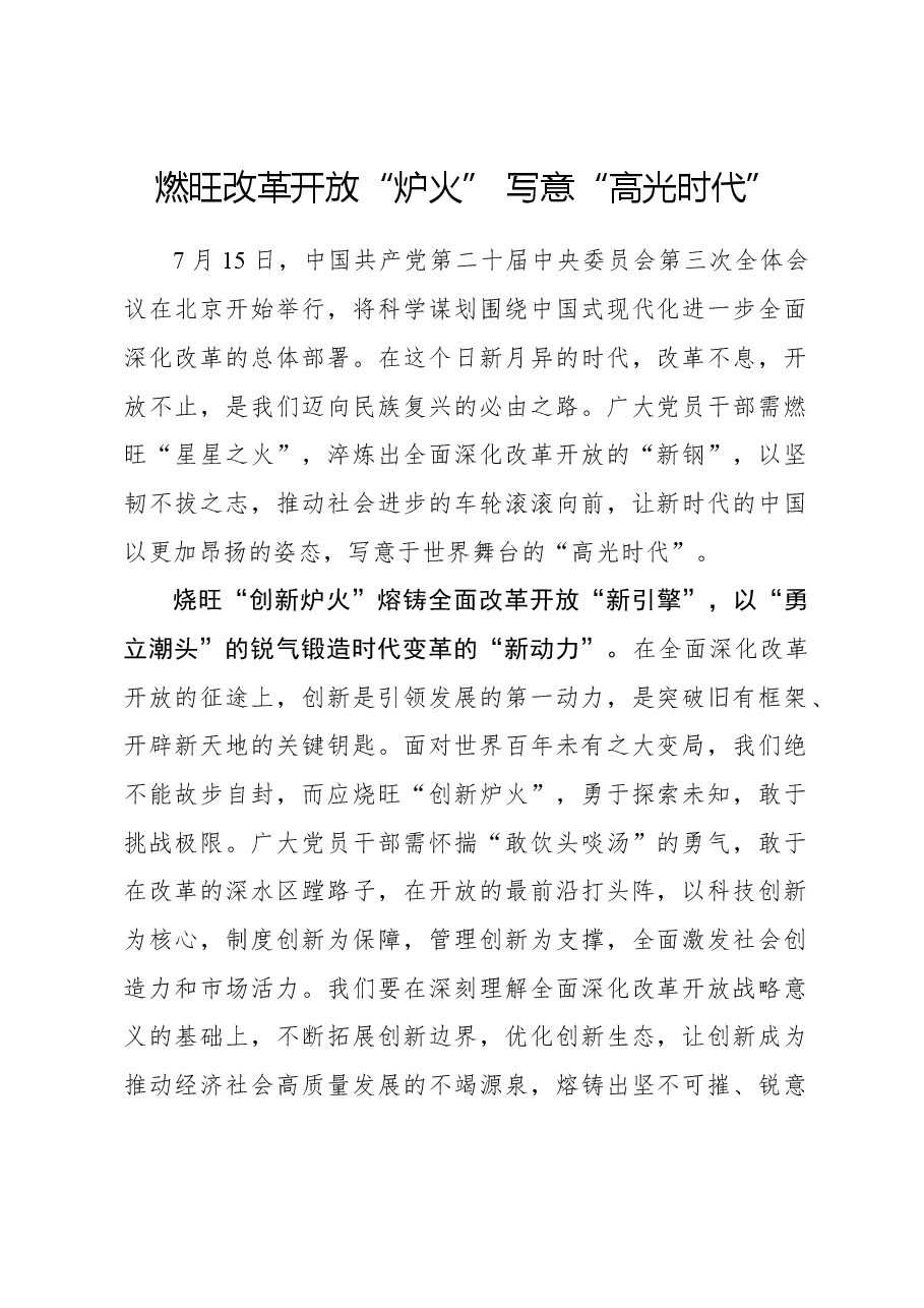 二十届三中全会心得体会:燃旺改革开放“炉火” 写意“高光时代”.docx,第1页预览