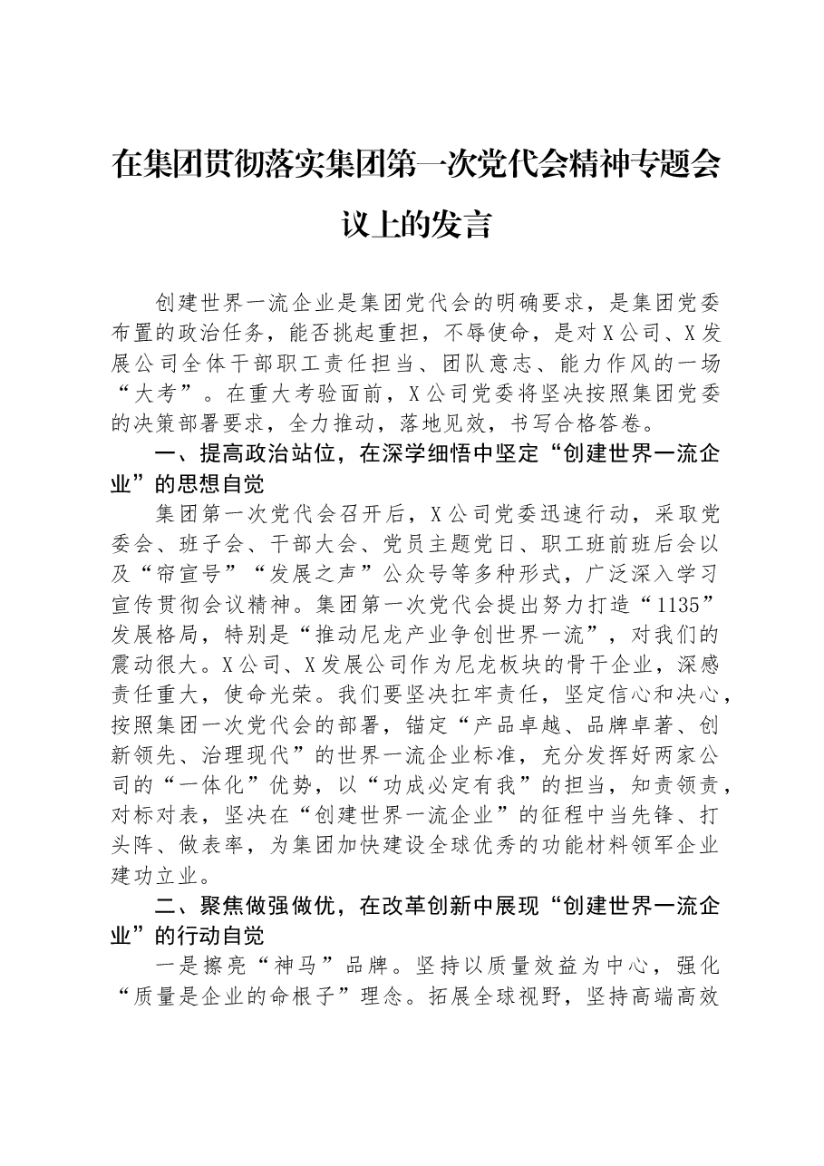在集团贯彻落实集团第一次党代会精神专题会议上的发言.docx，第1页预览