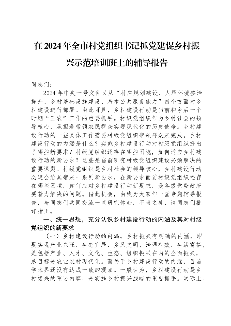 在2024年全市村党组织书记抓党建促乡村振兴示范培训班上的辅导报告.docx,第1页预览