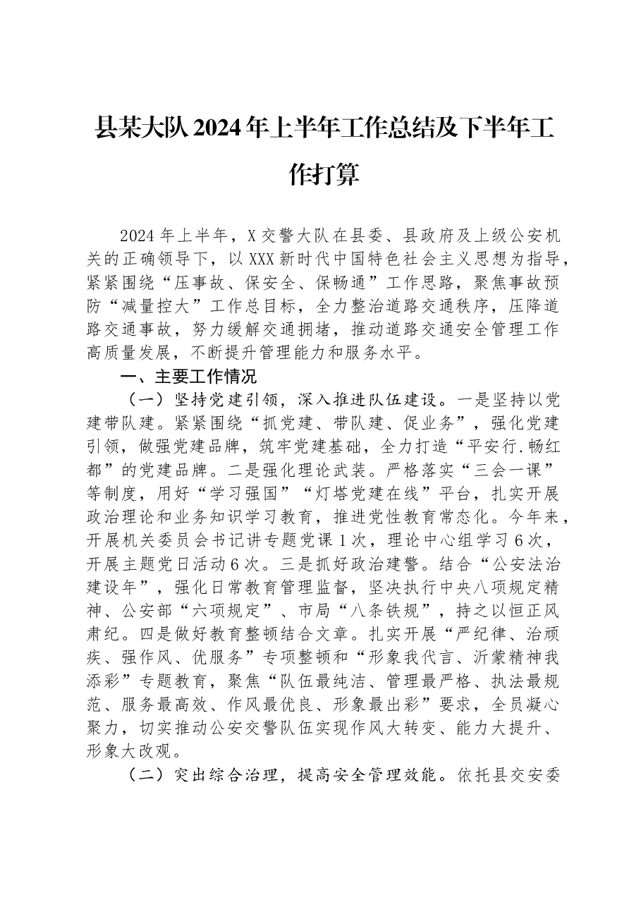 县某大队2024年上半年工作总结及下半年工作打算.docx，第1页预览