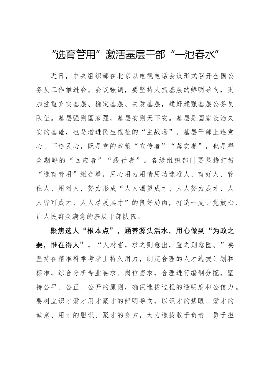 心得体会:“选育管用”激活基层干部“一池春水”.docx,第1页预览