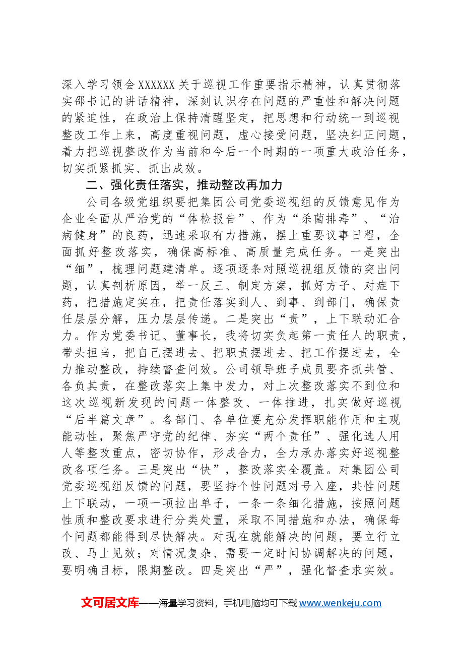 在集团公司党委巡视公司党委反馈会上的表态发言.docx,第2页预览