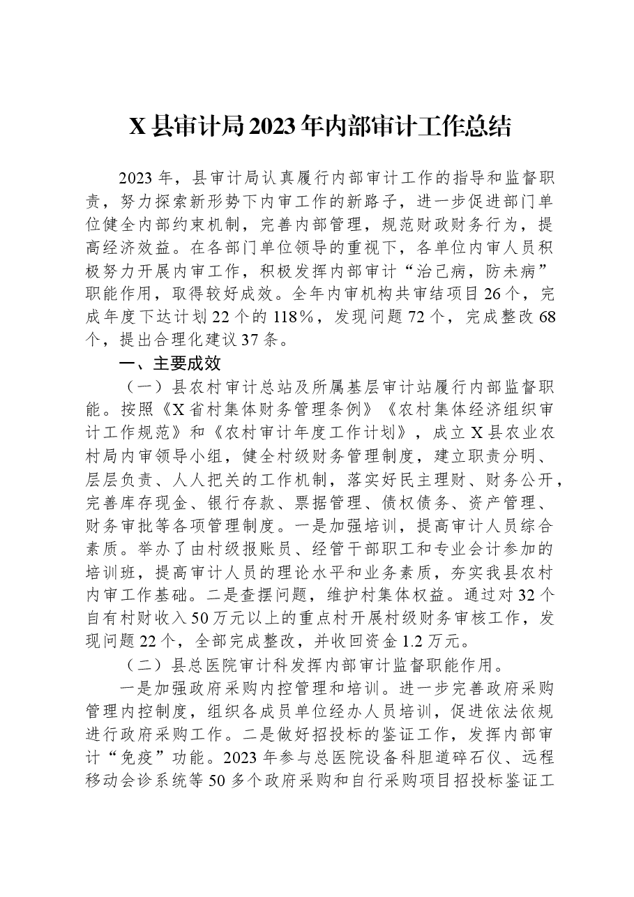 X县审计局2023年内部审计工作总结.docx,第1页预览