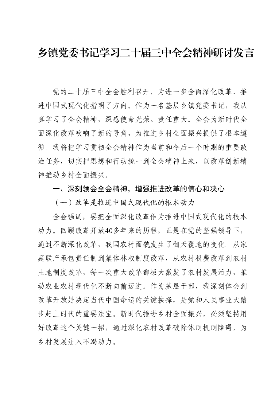 乡镇学习三中全会精神研讨发言.docx,第1页预览