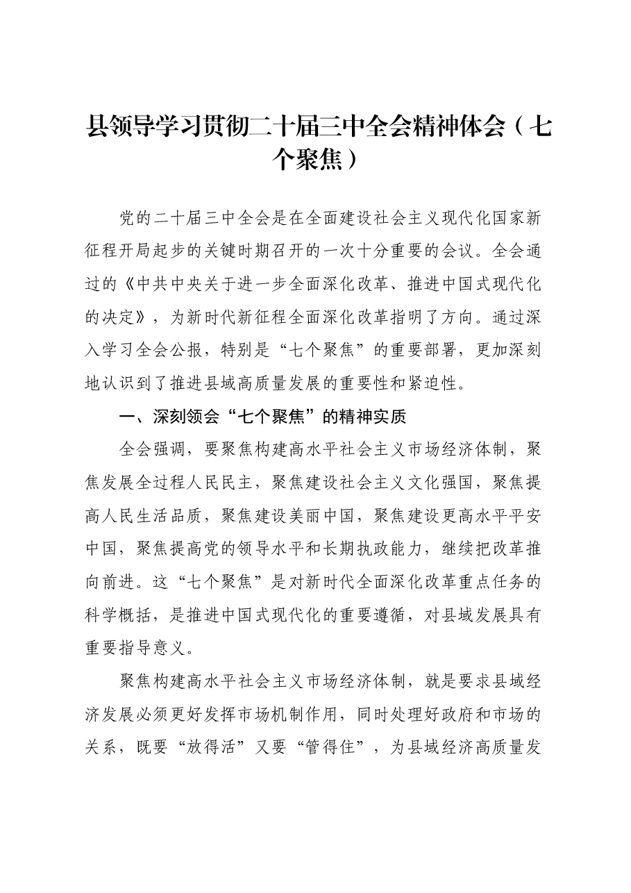 县领导学习贯彻二十届三中全会精神体会(七个聚焦).docx,第1页预览