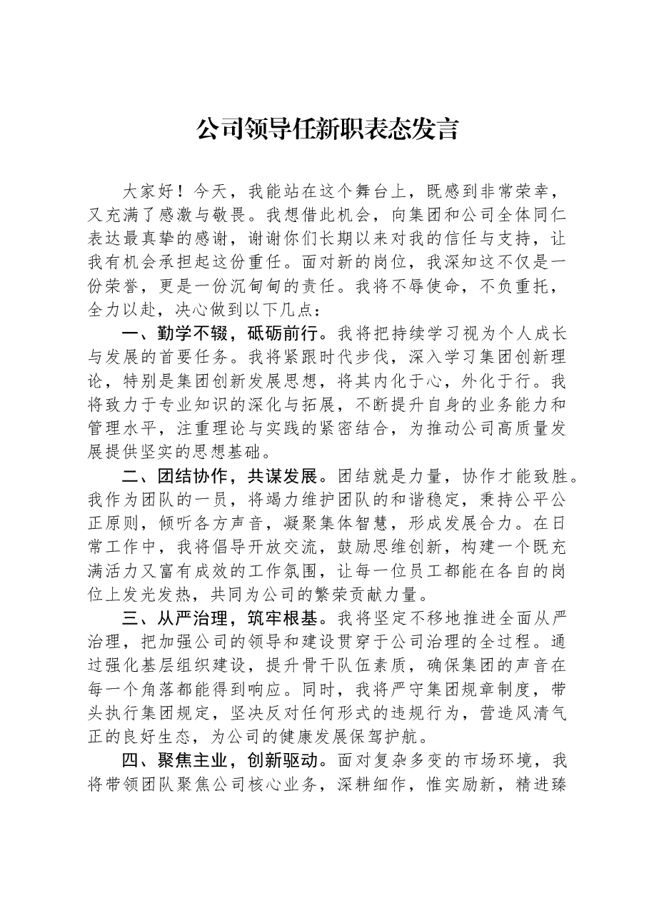 公司领导任新职表态发言.docx,第1页预览
