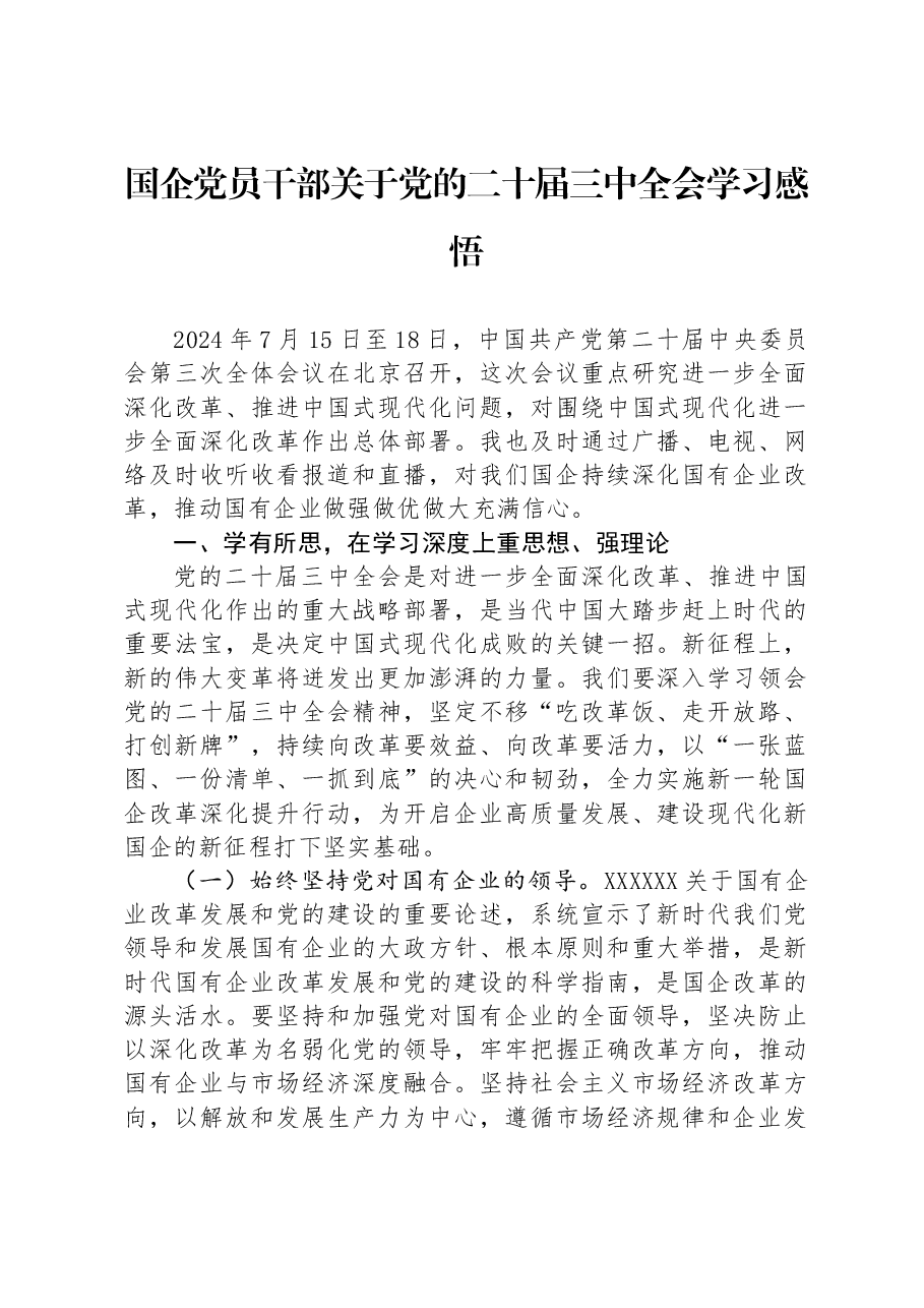 国企党员干部关于党的二十届三中全会学习感悟.docx,第1页预览