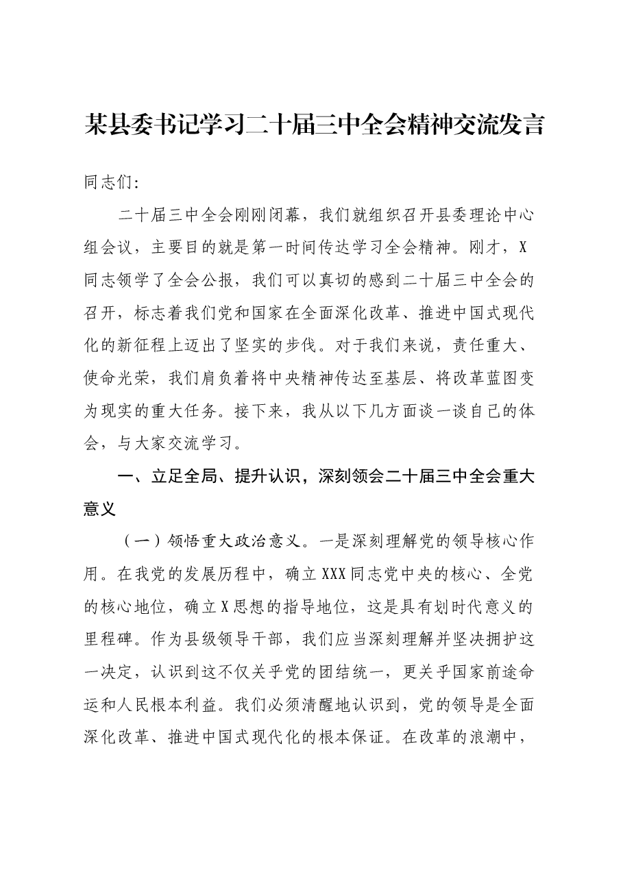 某县委书记学习二十届三中全会精神交流发言.docx,第1页预览