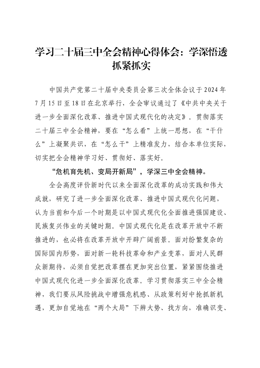 学习二十届三中全会精神心得体会:学深悟透 抓紧抓实.docx,第1页预览