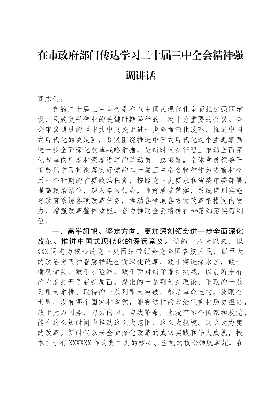 在市政府部门传达学习二十届三中全会精神强调讲话.docx,第1页预览