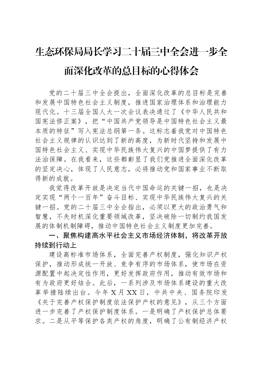 生态环保局局长学习二十届三中全会进一步全面深化改革的总目标的心得体会.docx,第1页预览