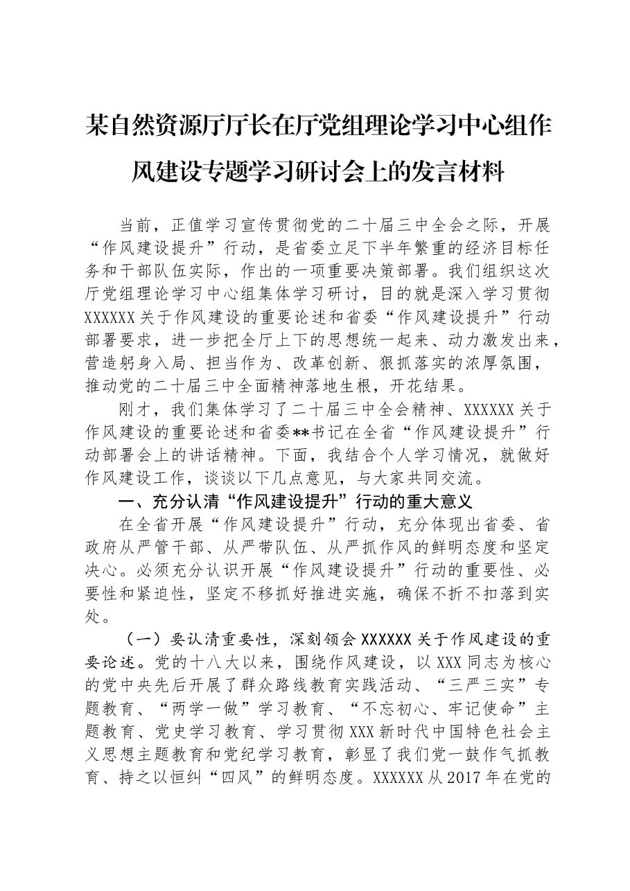 某自然资源厅厅长在厅党组理论学习中心组作风建设专题学习研讨会上的发言材料.docx,第1页预览