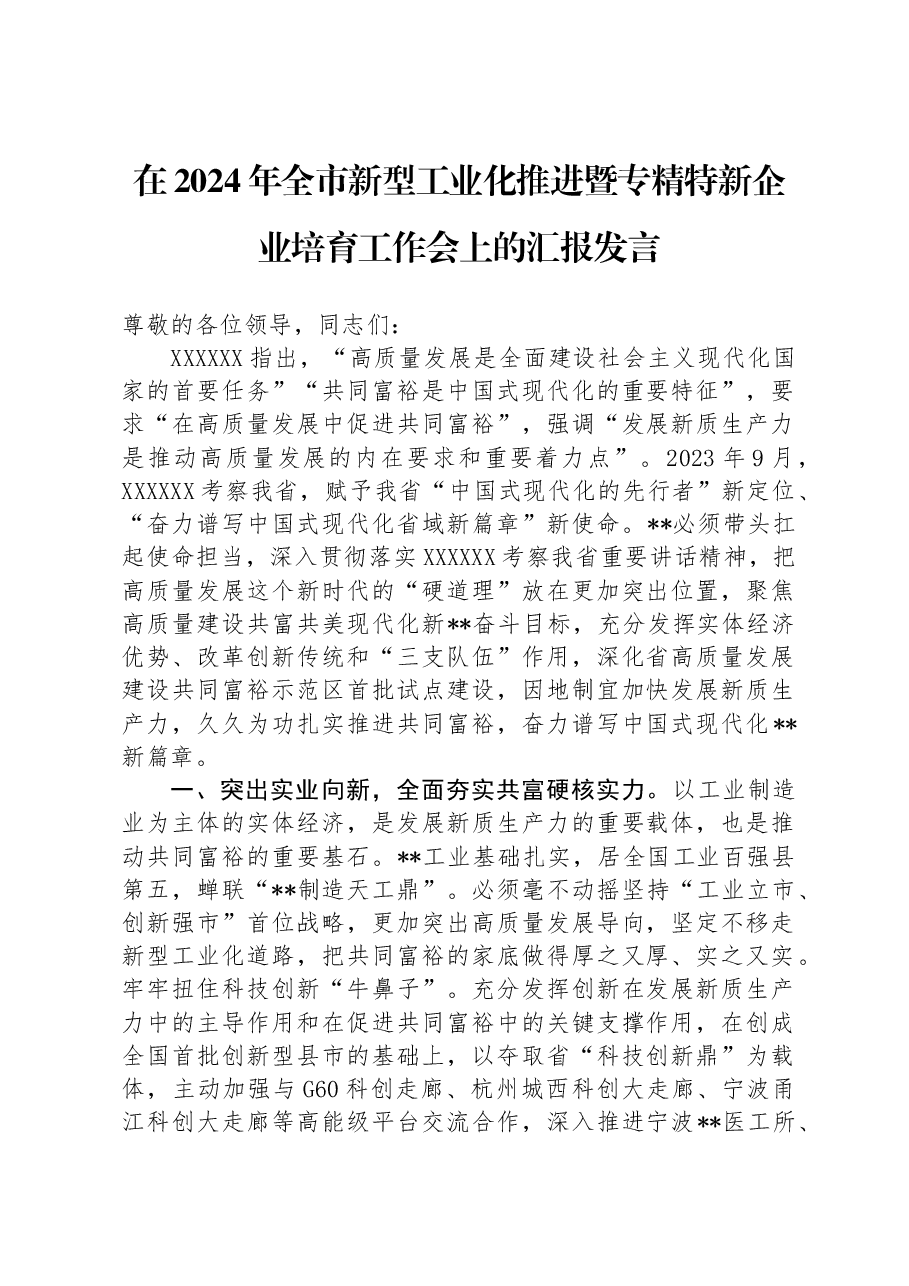 在2024年全市新型工业化推进暨专精特新企业培育工作会上的汇报发言.docx,第1页预览
