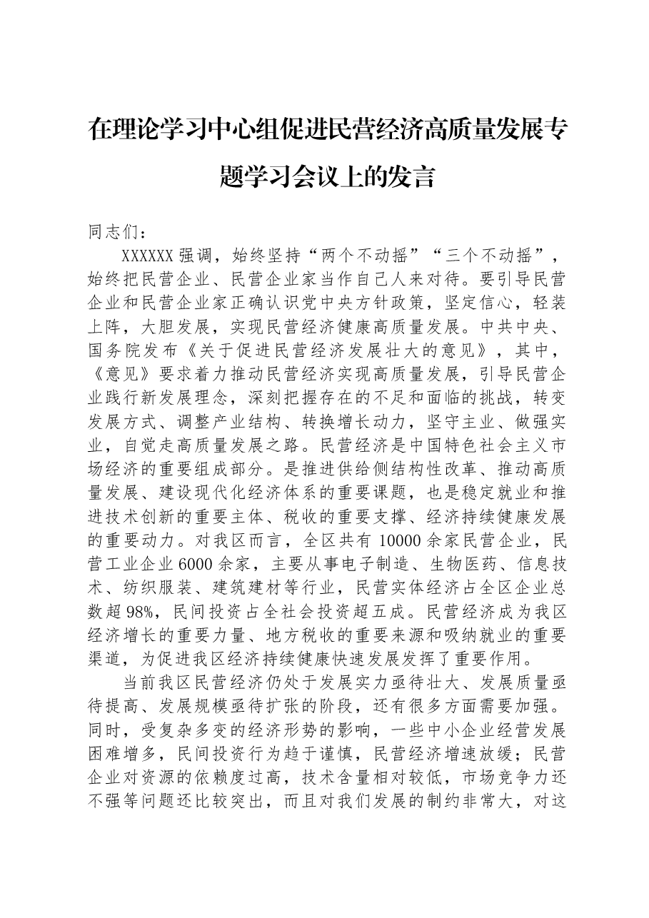 在理论学习中心组促进民营经济高质量发展专题学习会议上的发言.docx,第1页预览