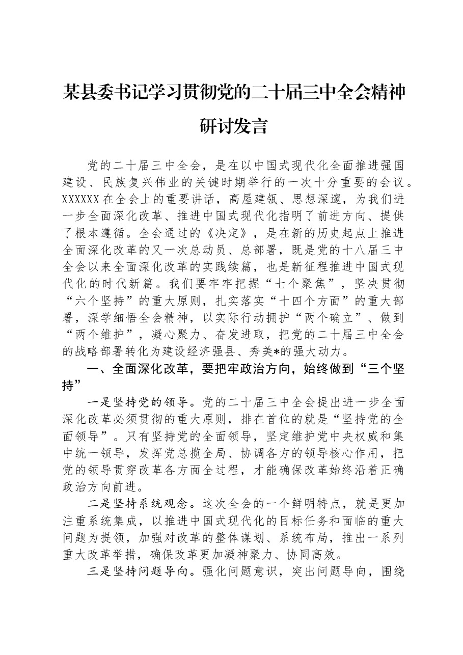 某县委书记学习贯彻党的二十届三中全会精神研讨发言.docx,第1页预览