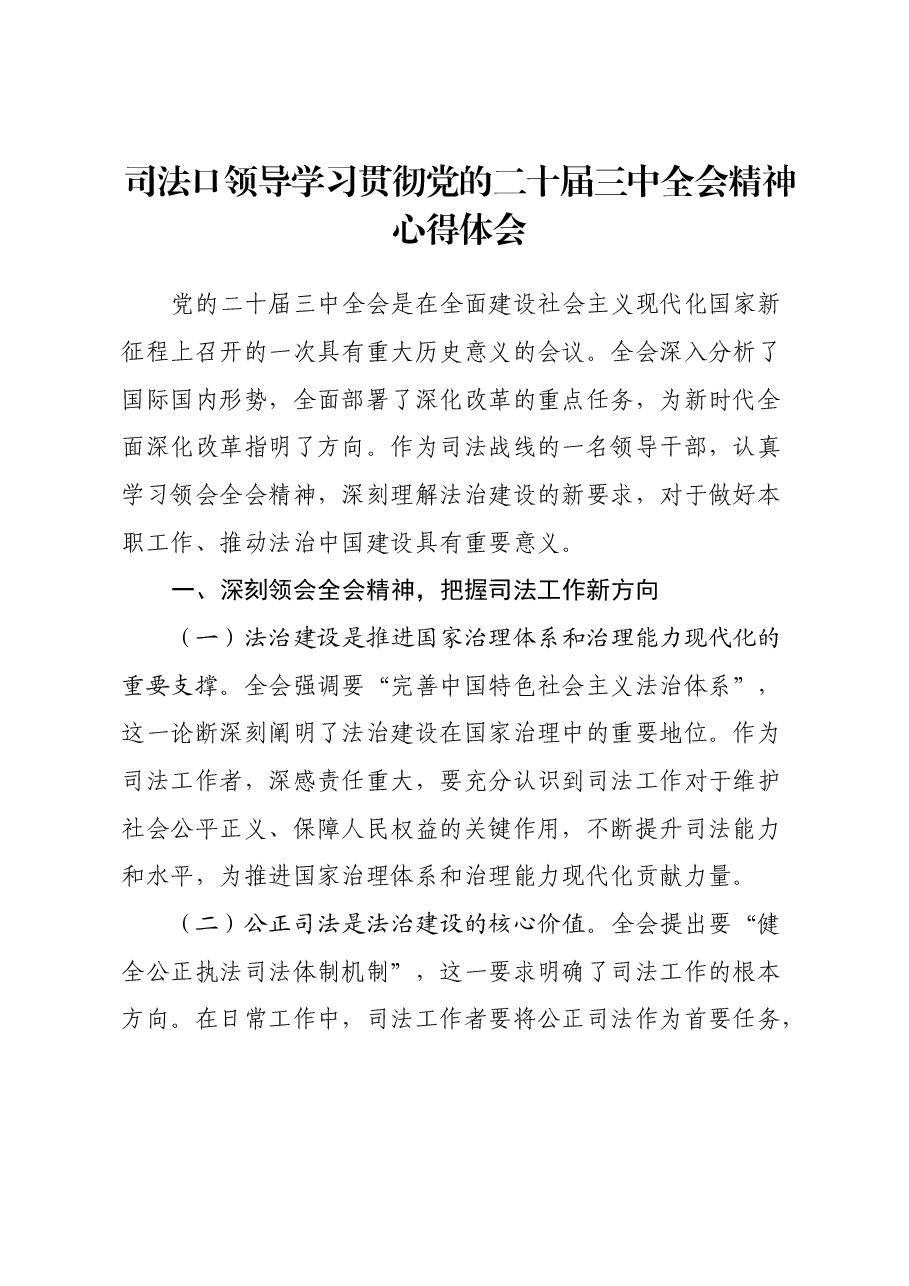 司法口领导学习贯彻党的二十届三中全会精神心得体会.docx,第1页预览