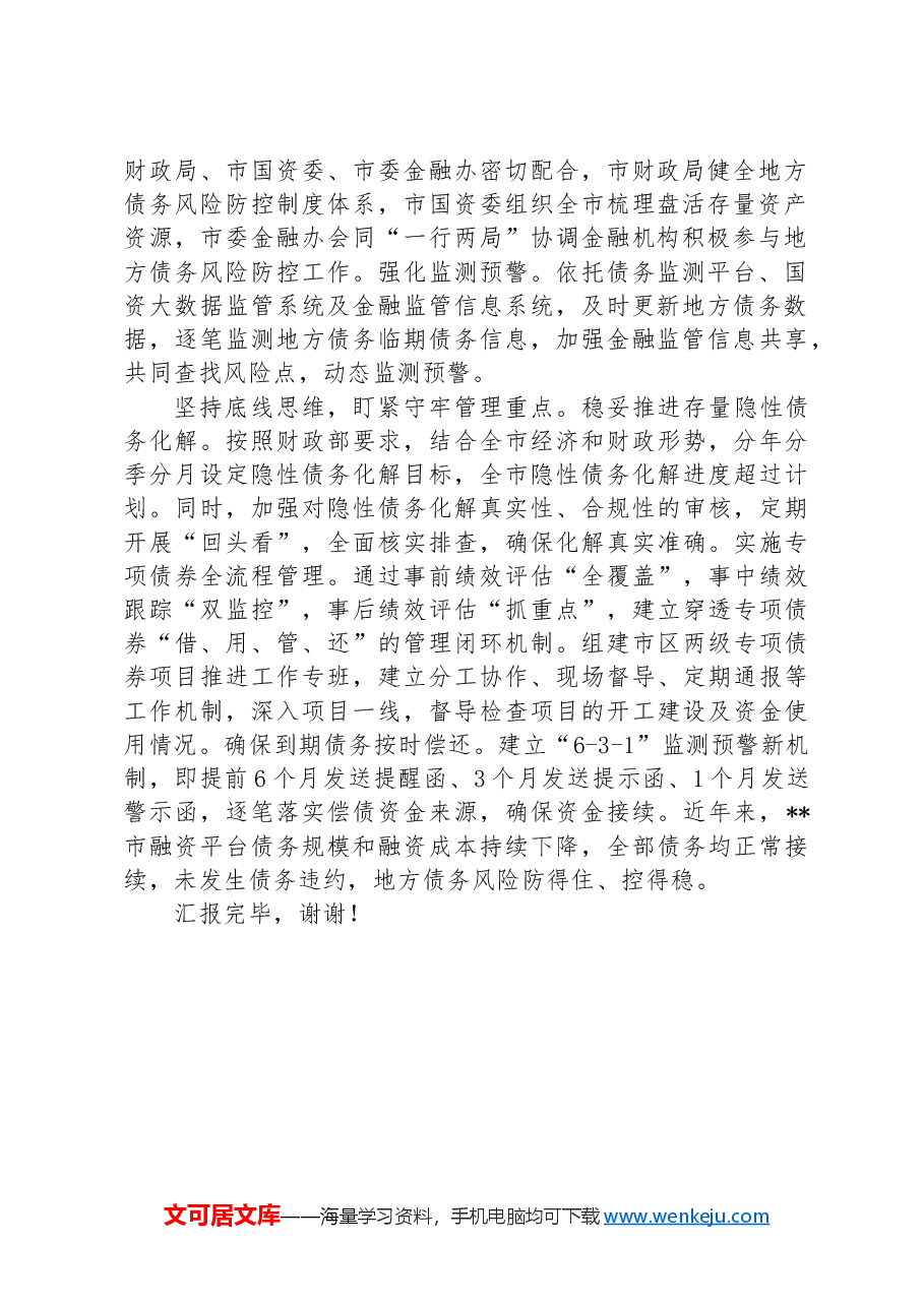 在全市防范化解地方债务风险工作视频会上的汇报发言.docx,第2页预览