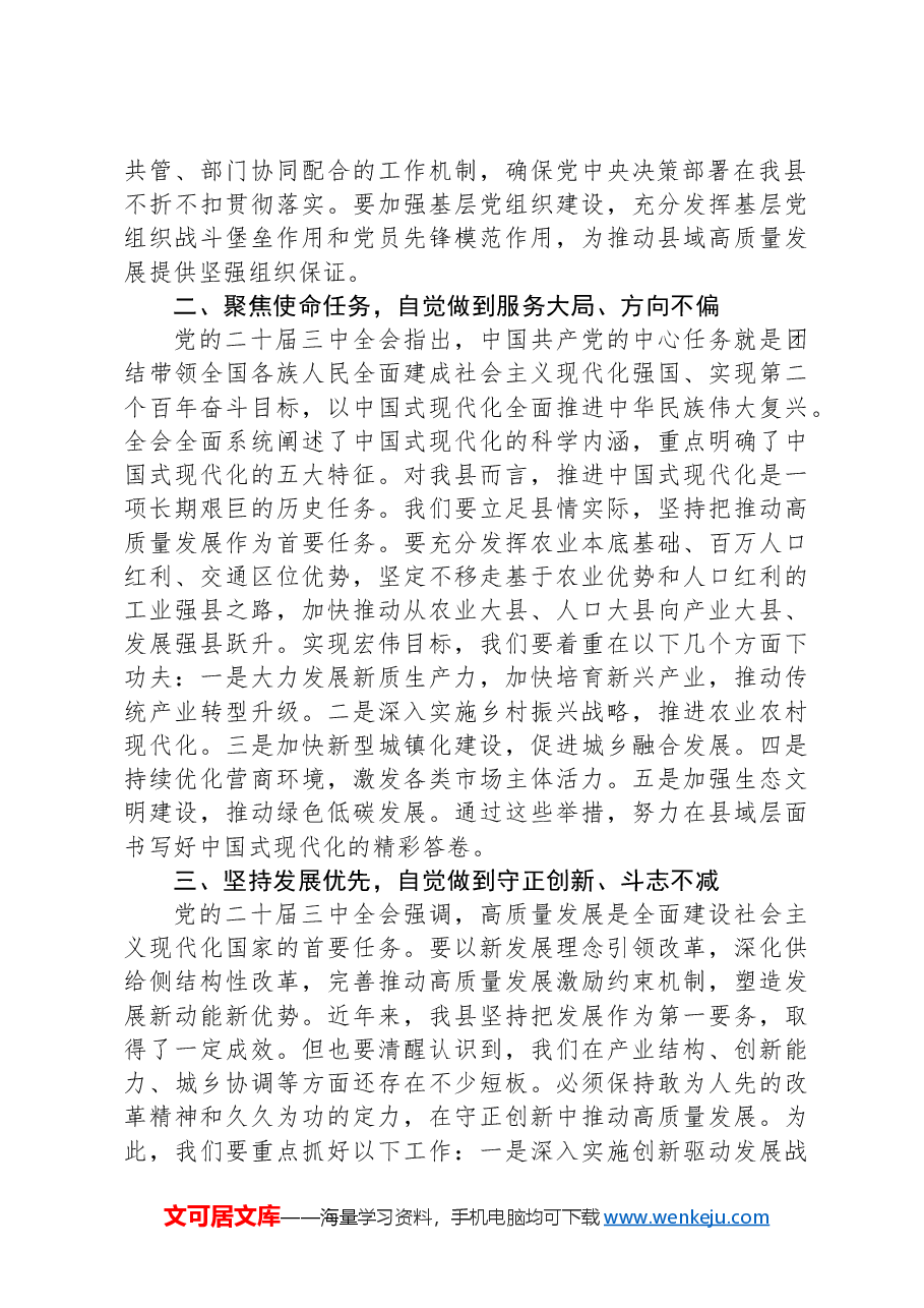 研讨发言材料:学习贯彻党的二十届三中全会精神,推动县域高质量发展.docx,第2页预览