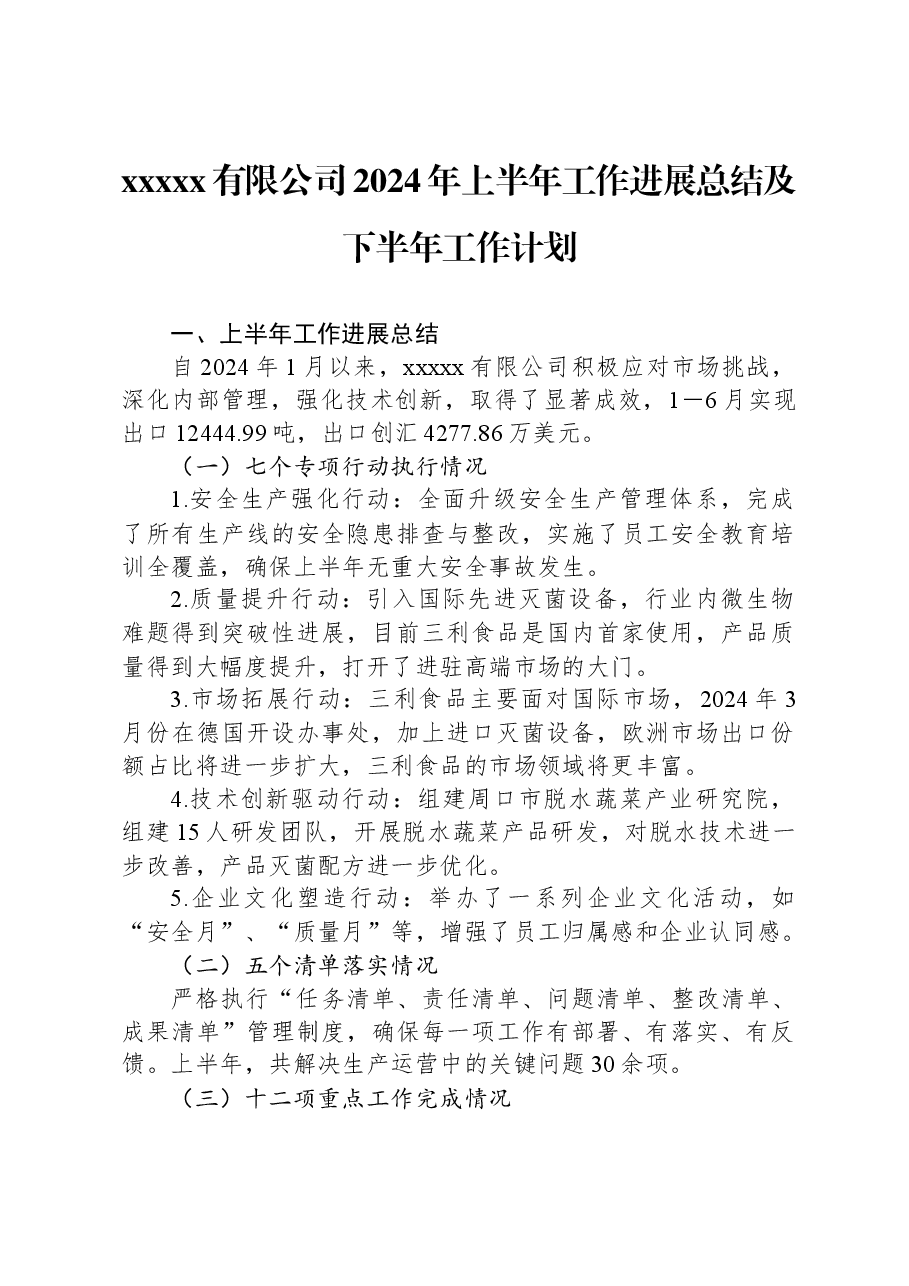 xxxxx有限公司2024年上半年工作进展总结及下半年工作计划.docx,第1页预览