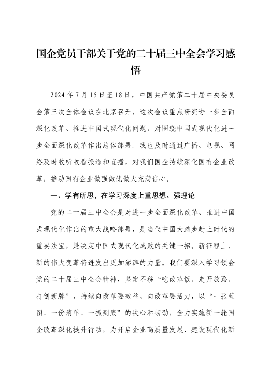 国企公司二十届三中全会学习心得体会发言.docx,第1页预览