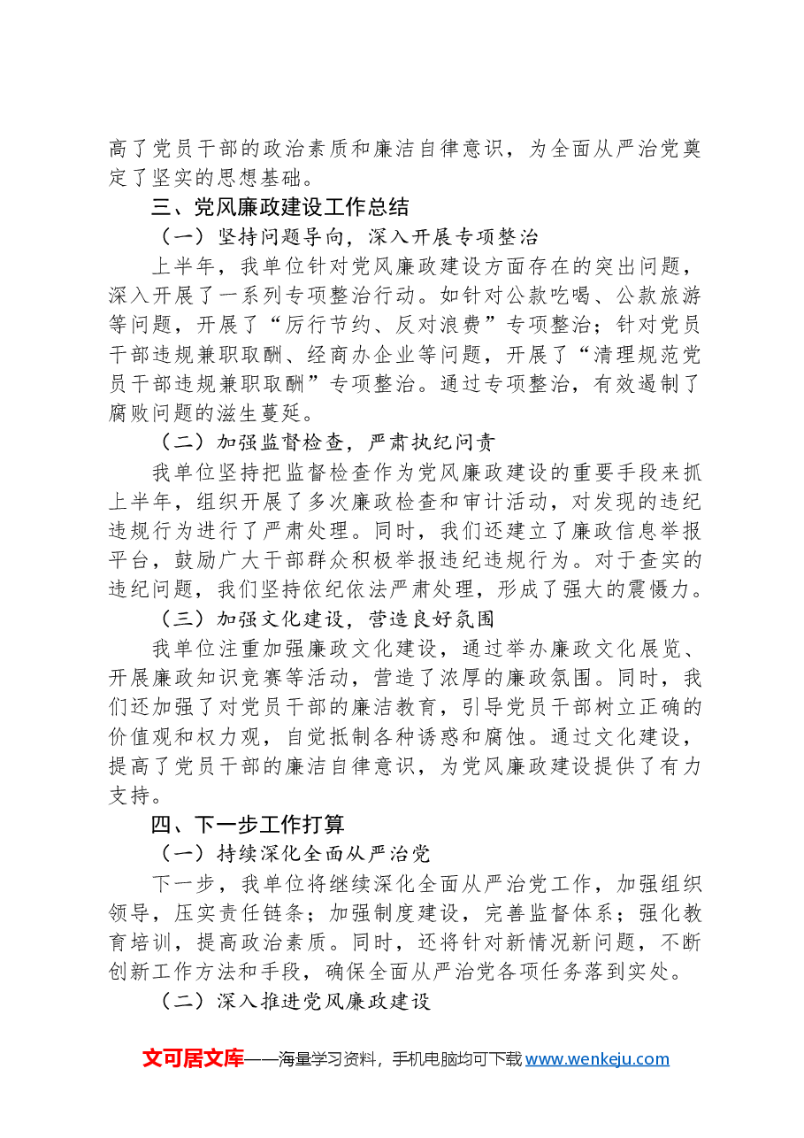 2024年上半年全面从严治党主体责任报告与党风廉政建设工作总结.docx,第2页预览
