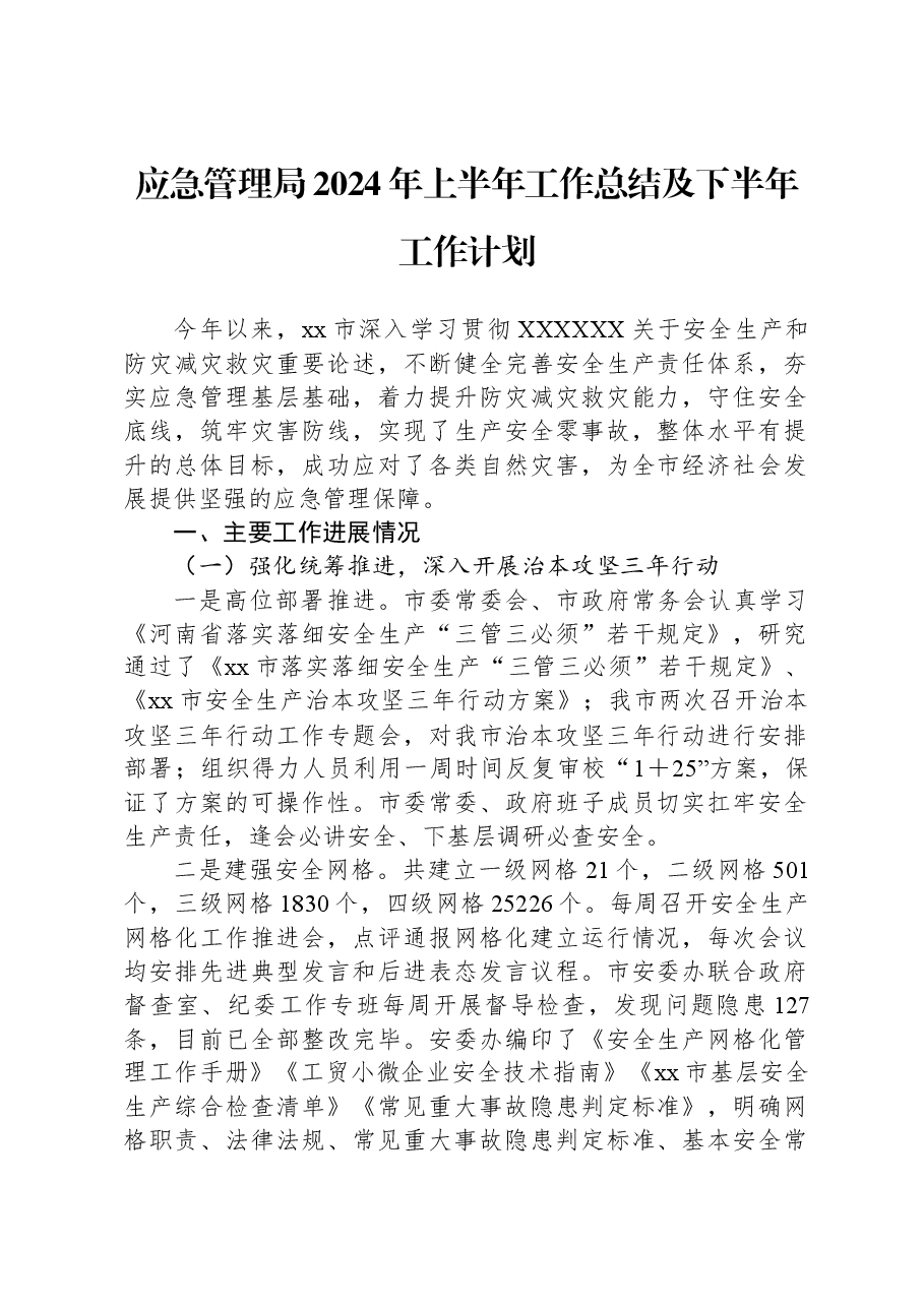 应急管理局2024年上半年工作总结及下半年工作计划.docx,第1页预览