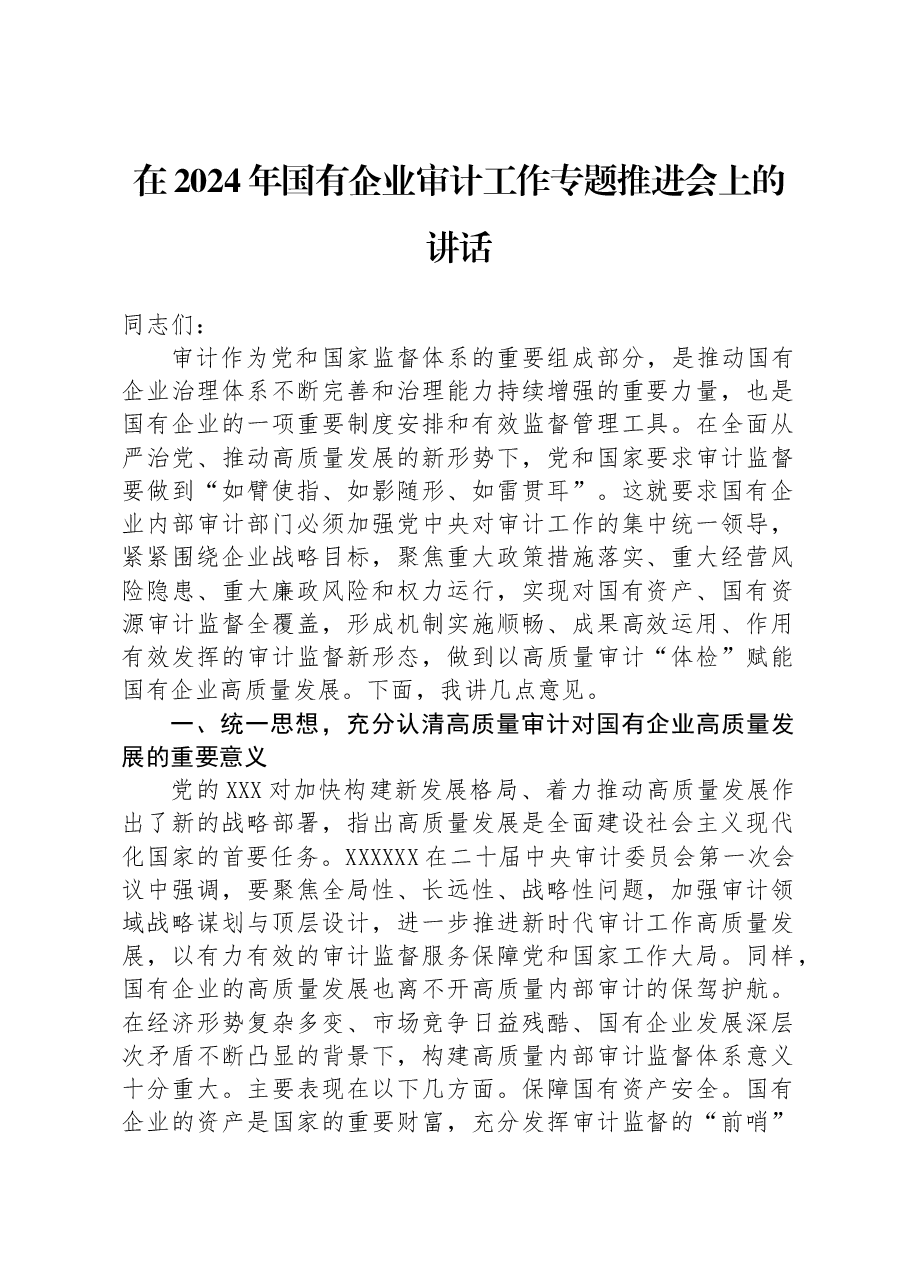 在2024年国有企业审计工作专题推进会上的讲话.docx,第1页预览