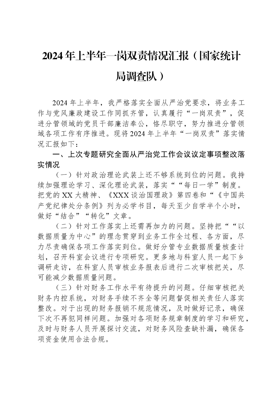 2024年上半年一岗双责情况汇报(国家统计局调查队).docx,第1页预览