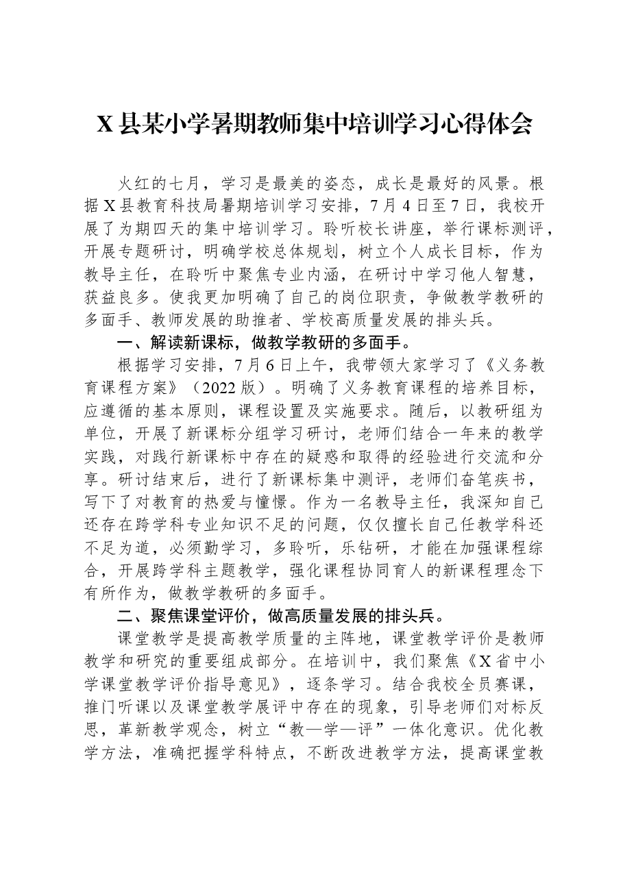 X县某小学暑期教师集中培训学习心得体会.docx,第1页预览