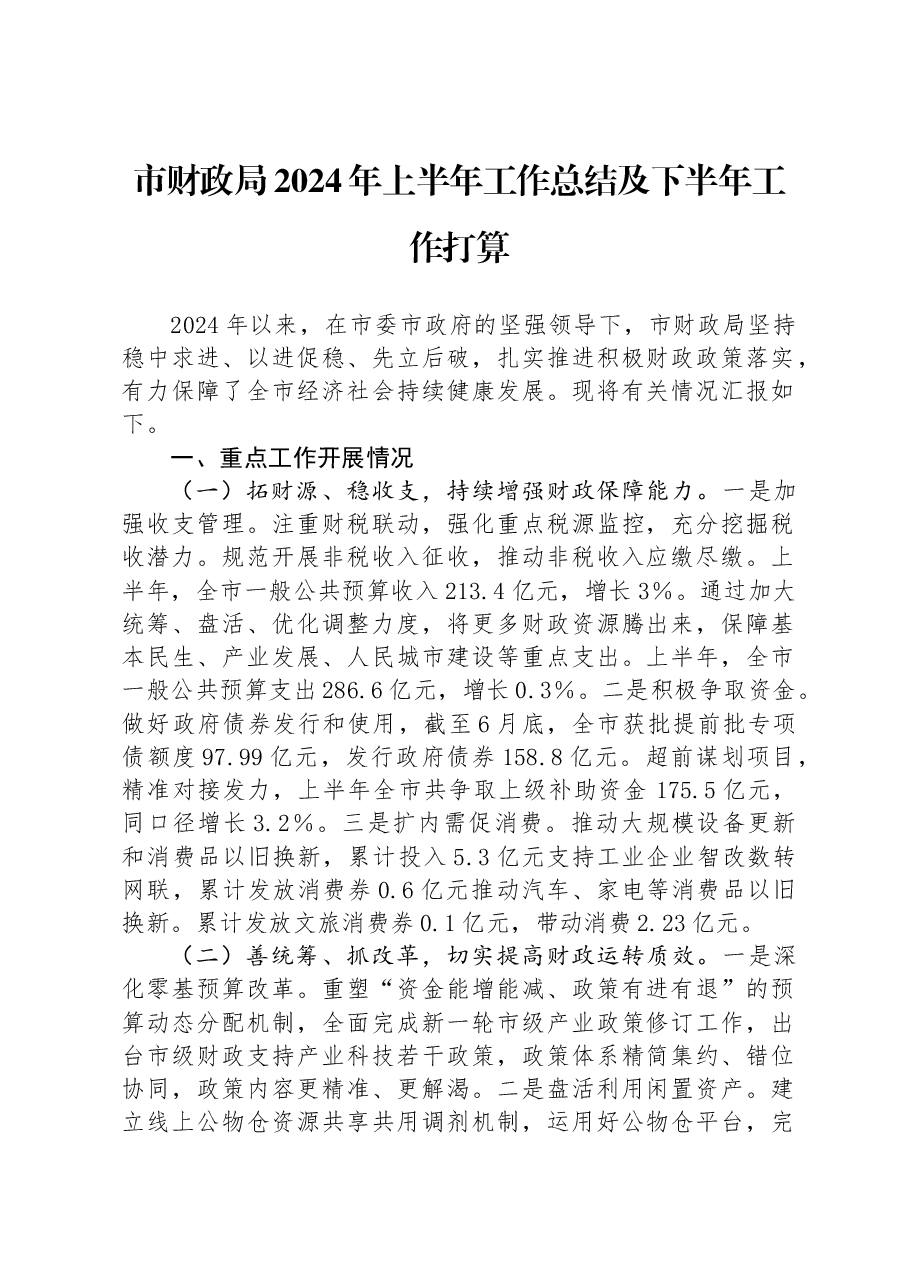 市财政局2024年上半年工作总结及下半年工作打算.docx,第1页预览