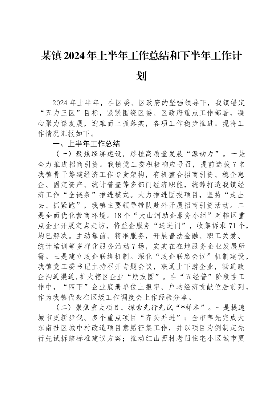某镇2024年上半年工作总结和下半年工作计划.docx,第1页预览
