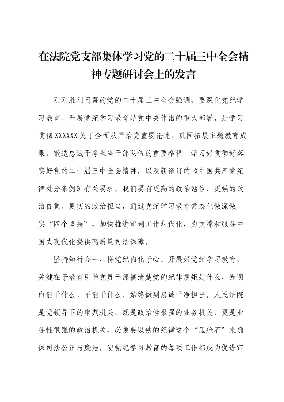 在法院党支部集体学习党的二十届三中全会精神专题研讨会上的发言.docx,第1页预览