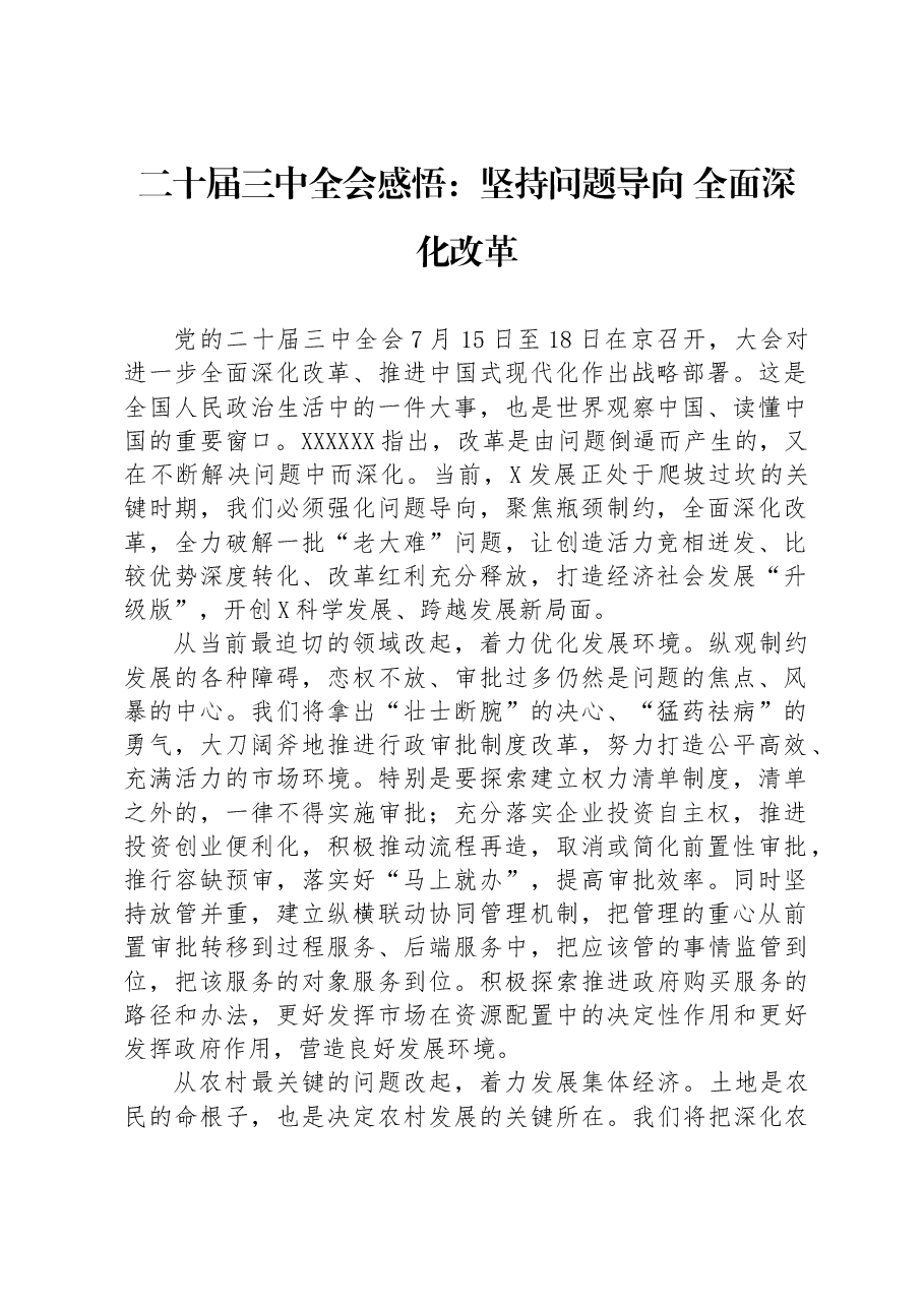 二十届三中全会感悟:坚持问题导向+全面深化改革.docx,第1页预览