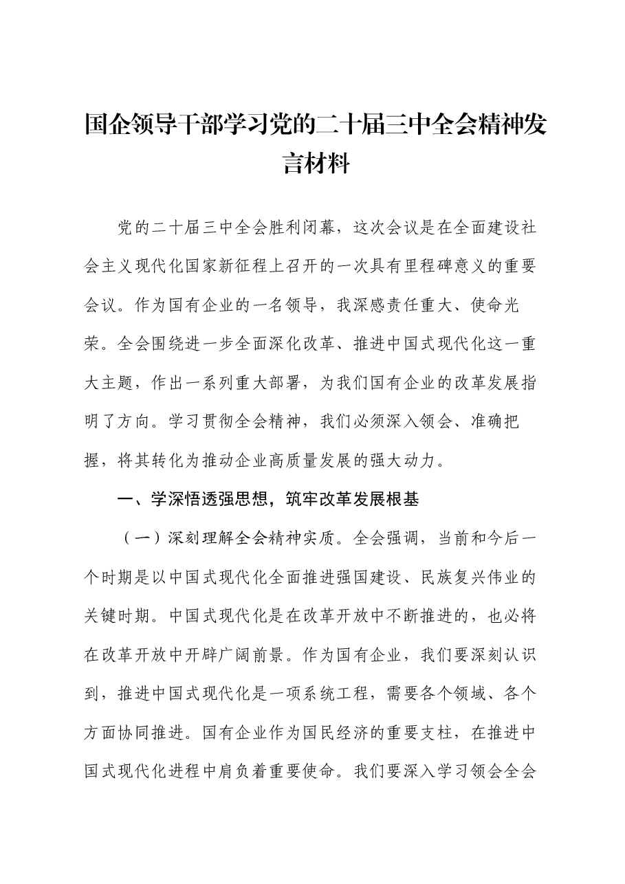国企领导干部学习党的二十届三中全会精神发言材料.docx,第1页预览