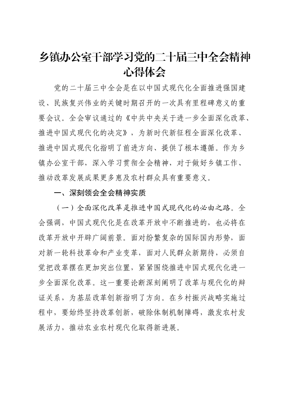 乡镇办公室干部学习党的二十届三中全会精神心得体会.docx,第1页预览