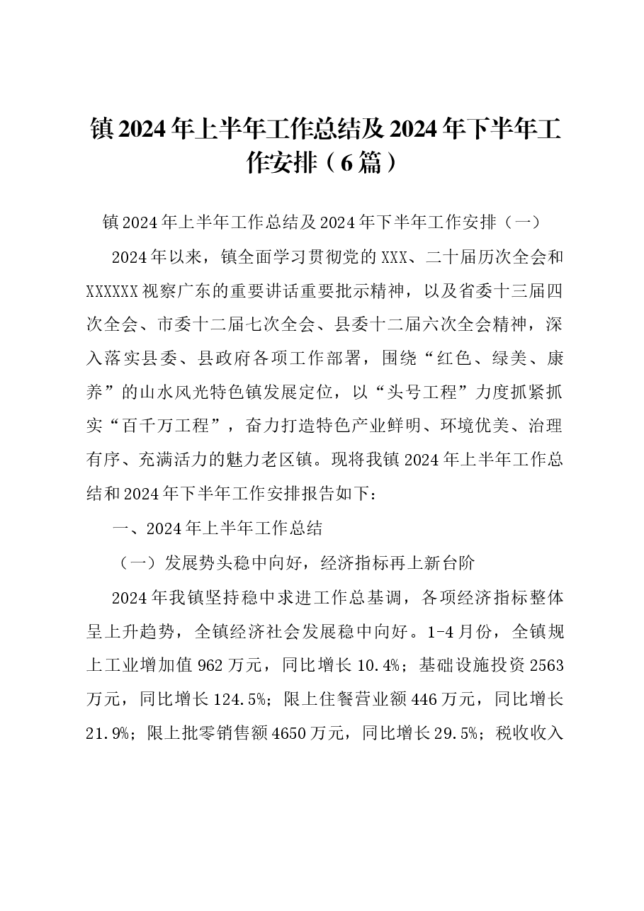 (6篇)镇2024年上半年工作总结及2024年下半年工作安排.docx,第1页预览