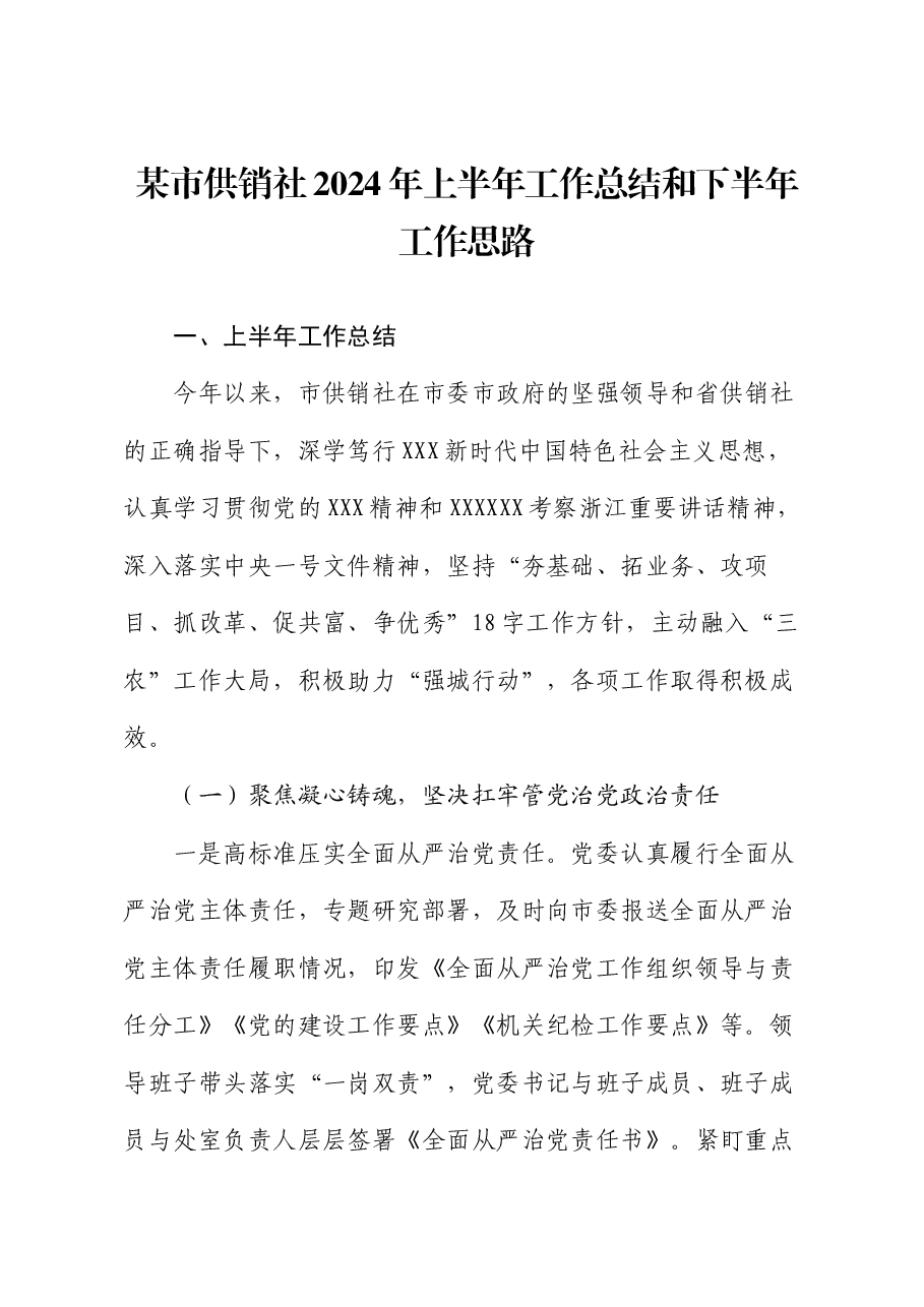 某市供销社2024年上半年工作总结和下半年工作思路.docx，第1页预览