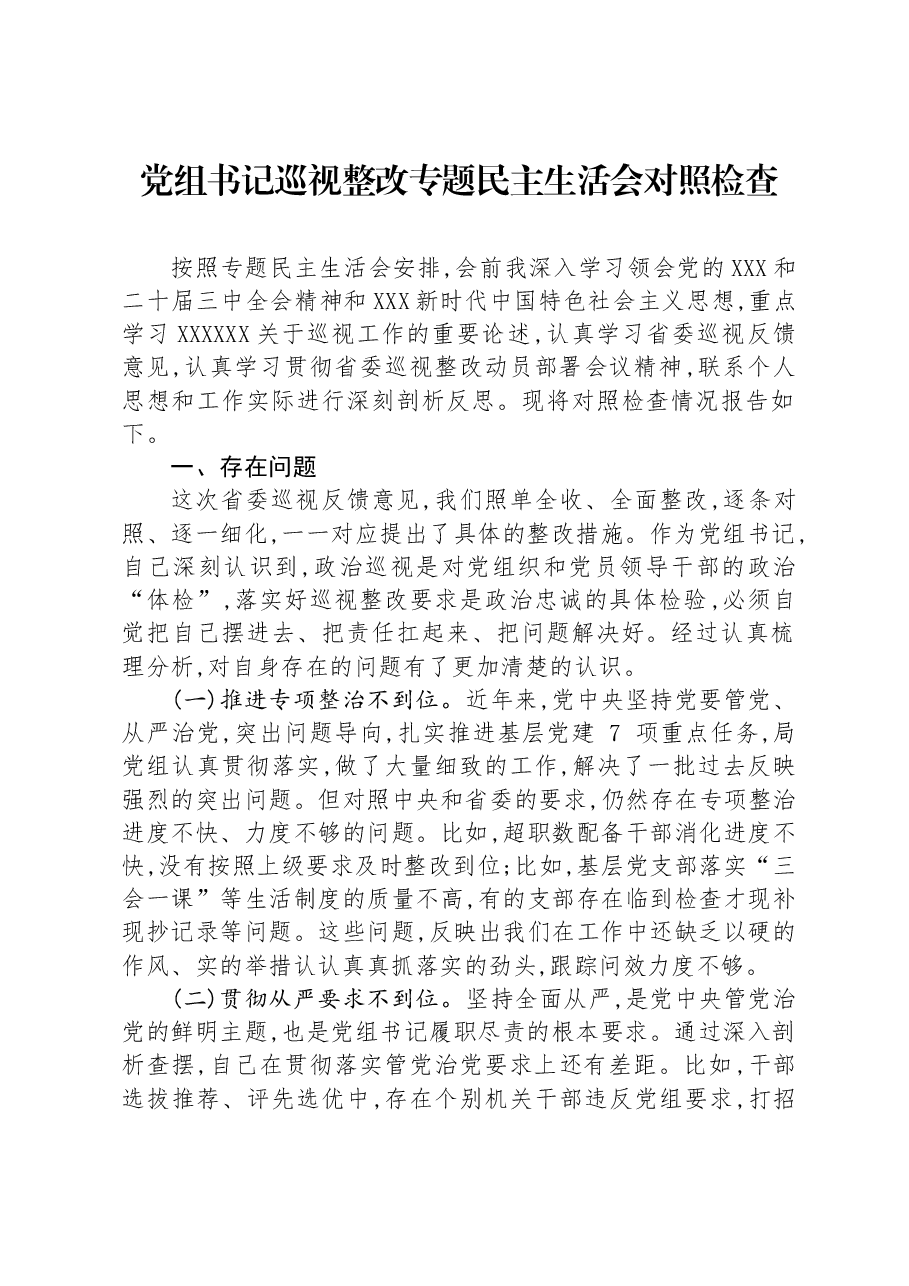 党组书记巡视整改专题民主生活会对照检查.docx,第1页预览
