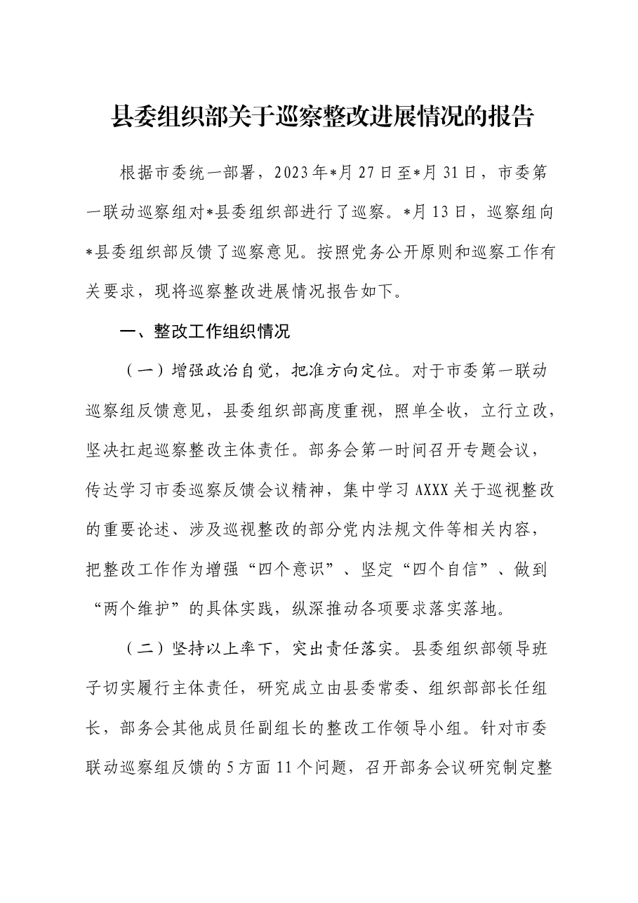 组织部关于巡察整改进展情况的总结报告2.docx,第1页预览